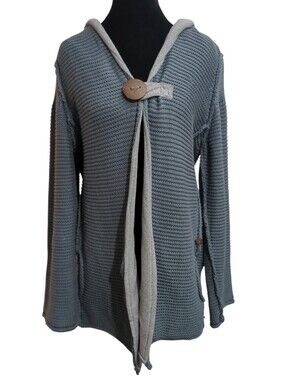 Pure Handknit M/L One Button Hooded Cable Knit Cardigan Sweater Blue Lagenlook